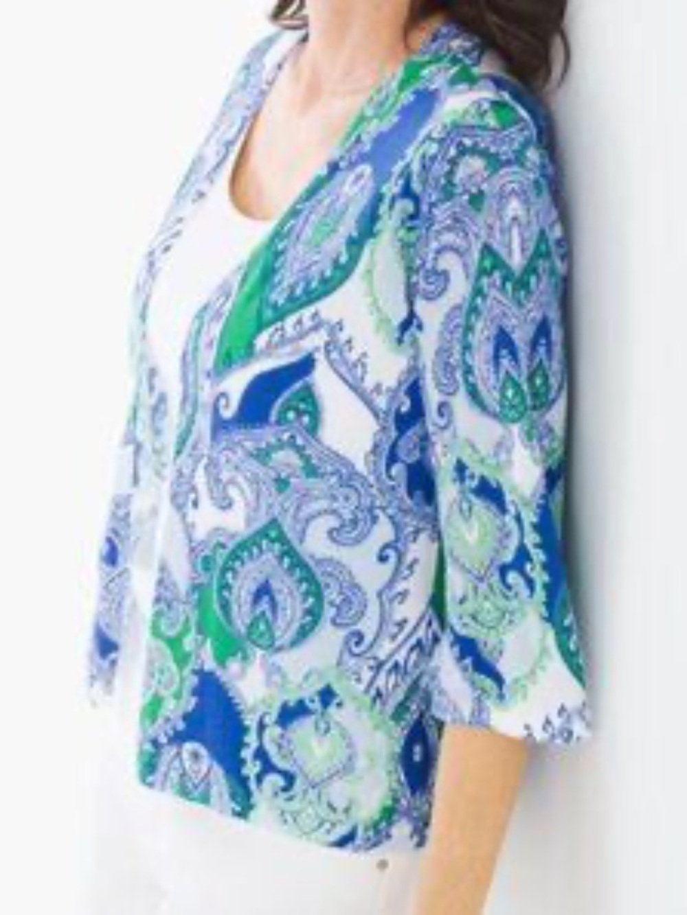 Chico’s Linen Paisley Open-Front Women’s Cardigan Sweater in Blue & Green Small